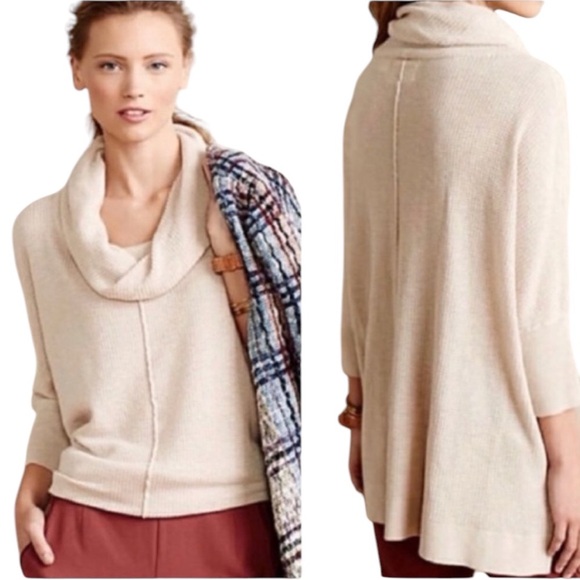 Anthropologie Field & Flower Beige Waffle Knit Cowl Neck Oversized Sweater - S - Picture 1 of 11